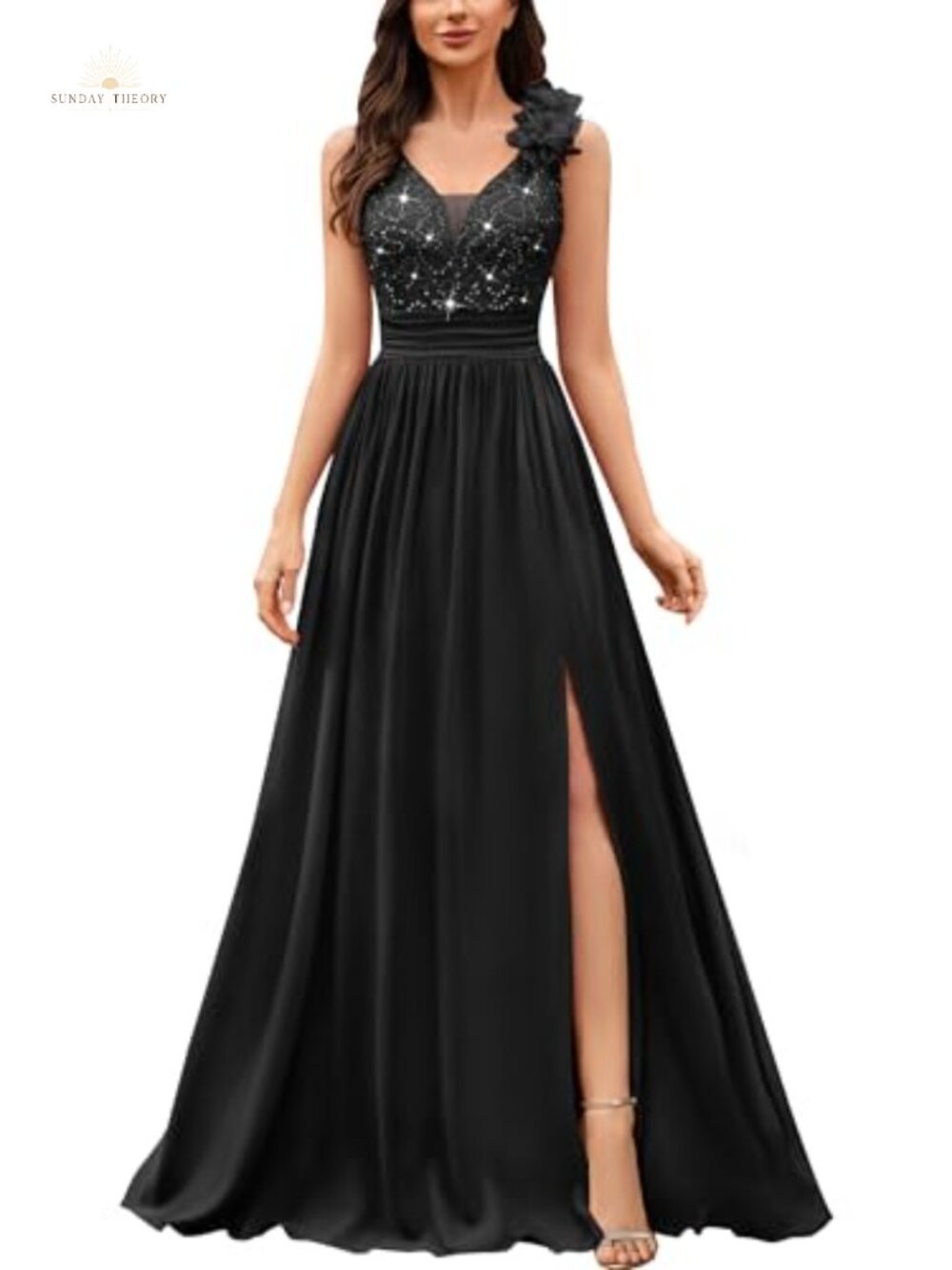V-Neck Sequined Lace Evening Maxi Dress Sleeveless A-Line Prom Formal Gown
